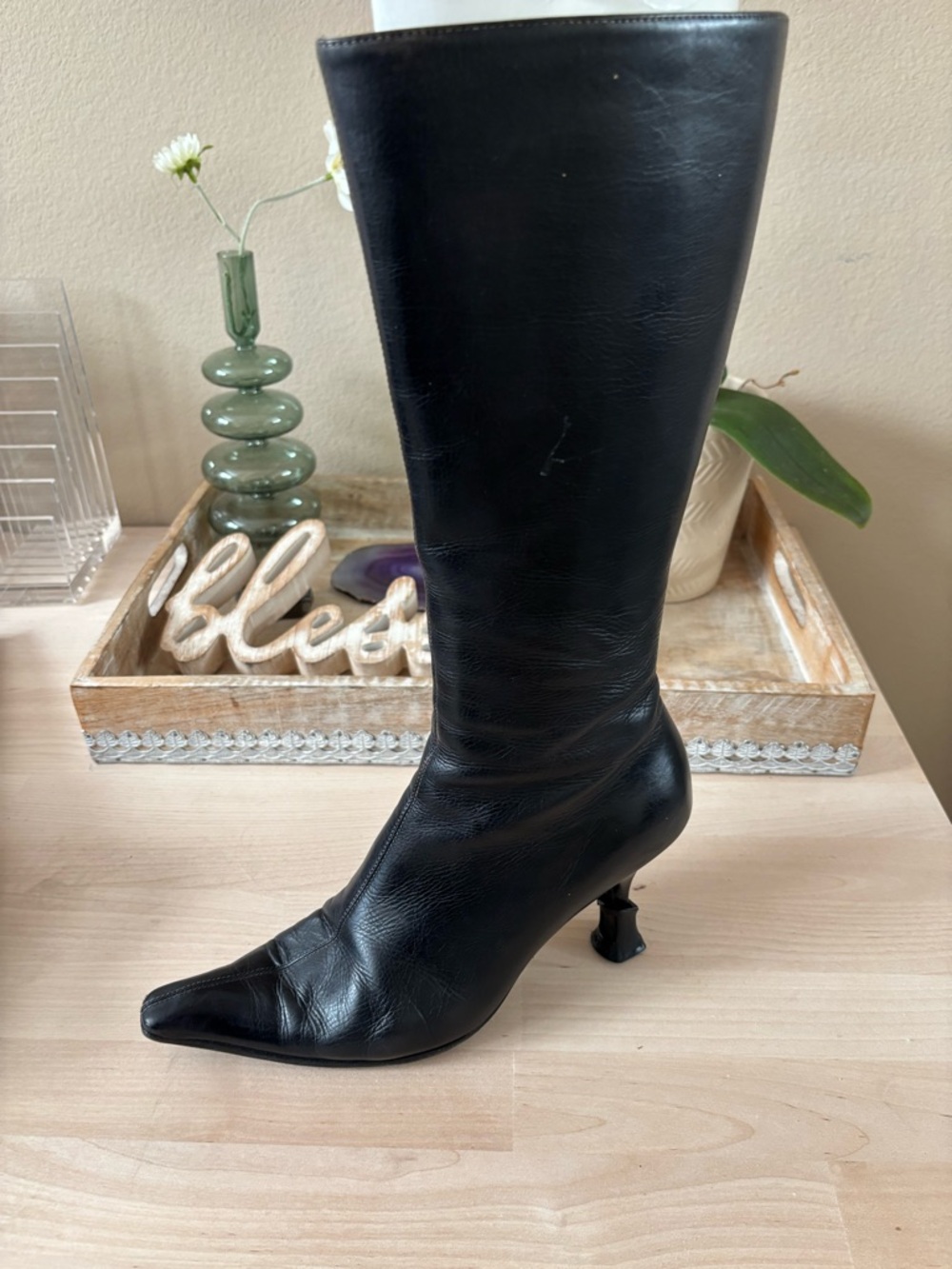 Prada Black Seta Calf Leather Knee High Boots Kitten Heel EU 36 US 6 Pointed Toe - Picture 3 of 16
